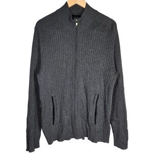 Alfani Mens Gray Ribbed Full Zip Mock‎ Neck Sweater Jacket Large 100% Cotton